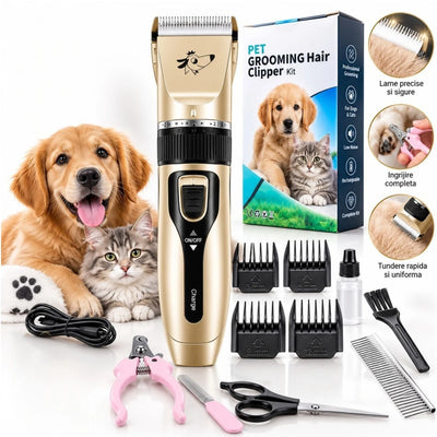 Aparat de Tuns Caini si Pisici Pet Grooming, Reincarcabil, cu 4 Capete Distantier, Foarfeca, Cleste Unghii, Pila, Pieptene si Accesorii Engros