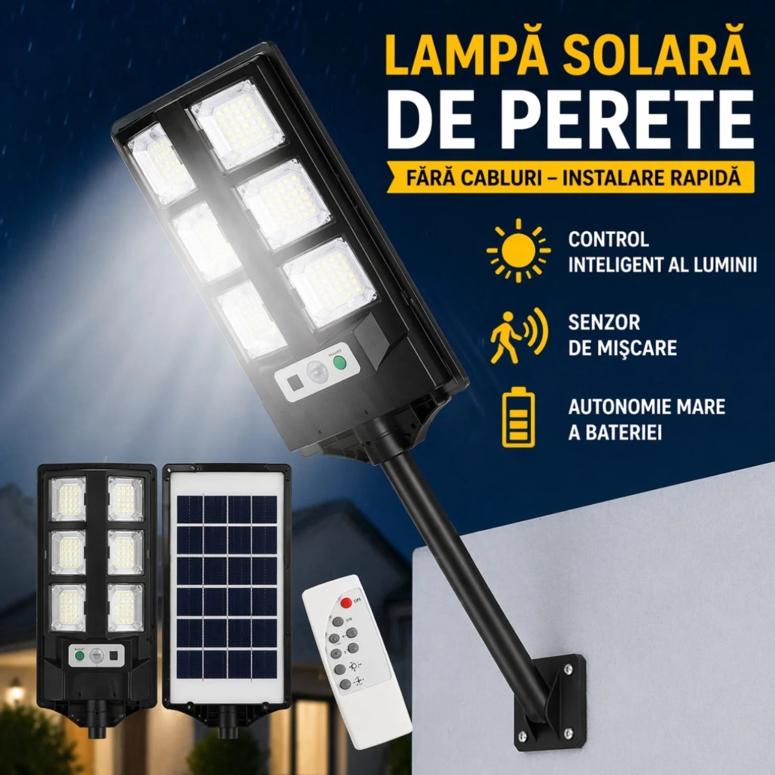 Lampă Solară Stradală BK260-6, 43cm, cu Panou Solar Integrat, 6 LED-uri Puternice, Telecomandă, Senzor de Lumină, Rezistentă la Apă Engros