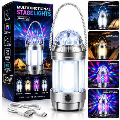 Lampa LED 19x9cm Felinar Portabil Multifunctional 3in1, Lumina Alba Glob Disco si Lumina Alb Cald Efect Flacara Engros