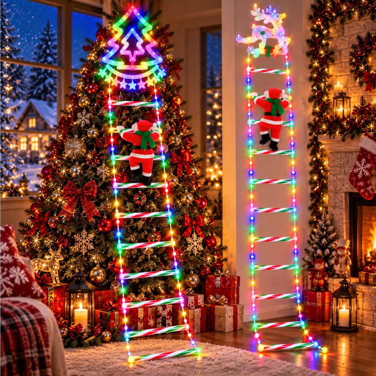 Instalatie LED Scara de Craciun 170cm, Mos Craciun Detasabil 22cm, Ren sau Brad 2 Modele, Lumina Multicolora, Jocuri de Lumini, Flash, Cablu 120cm Engros