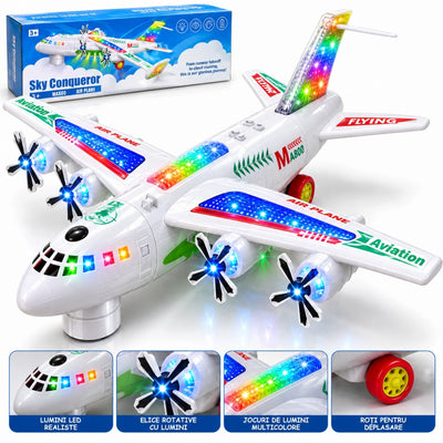 Avion de Jucărie MA800, 42x46cm, cu 4 Elice Rotative, Lumini LED Multicolore, Muzică și Mișcare, Alimentare pe Baterii Engros