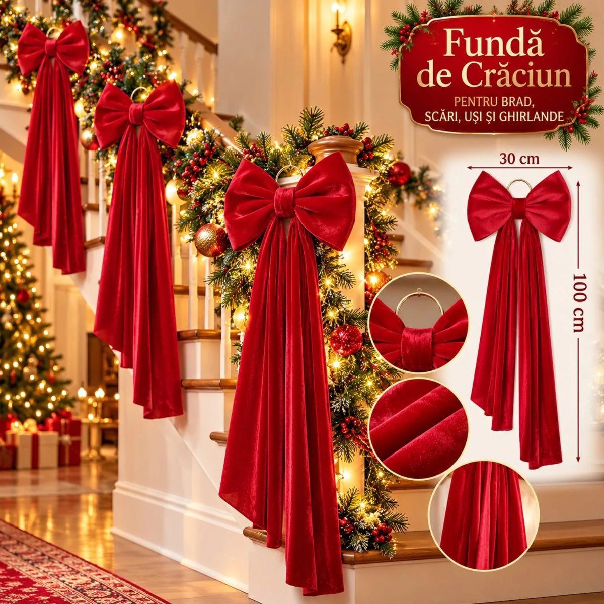 Fundă Decorativă de Crăciun XXL 100cm, din Catifea Roșie, Fundă 30cm cu Panglici Lungi și Agățătoare Metalică, pentru Brad, Coronițe și Ghirlande Engros