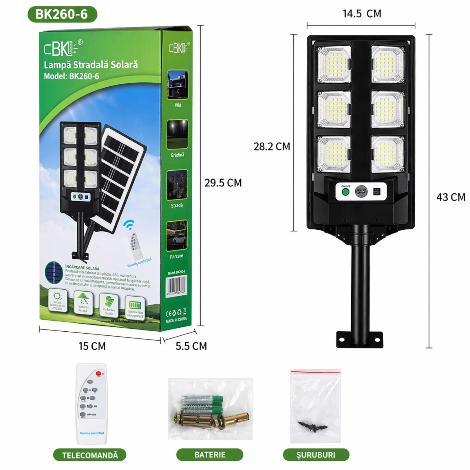 Lampă Solară Stradală BK260-6, 43cm, cu Panou Solar Integrat, 6 LED-uri Puternice, Telecomandă, Senzor de Lumină, Rezistentă la Apă Engros