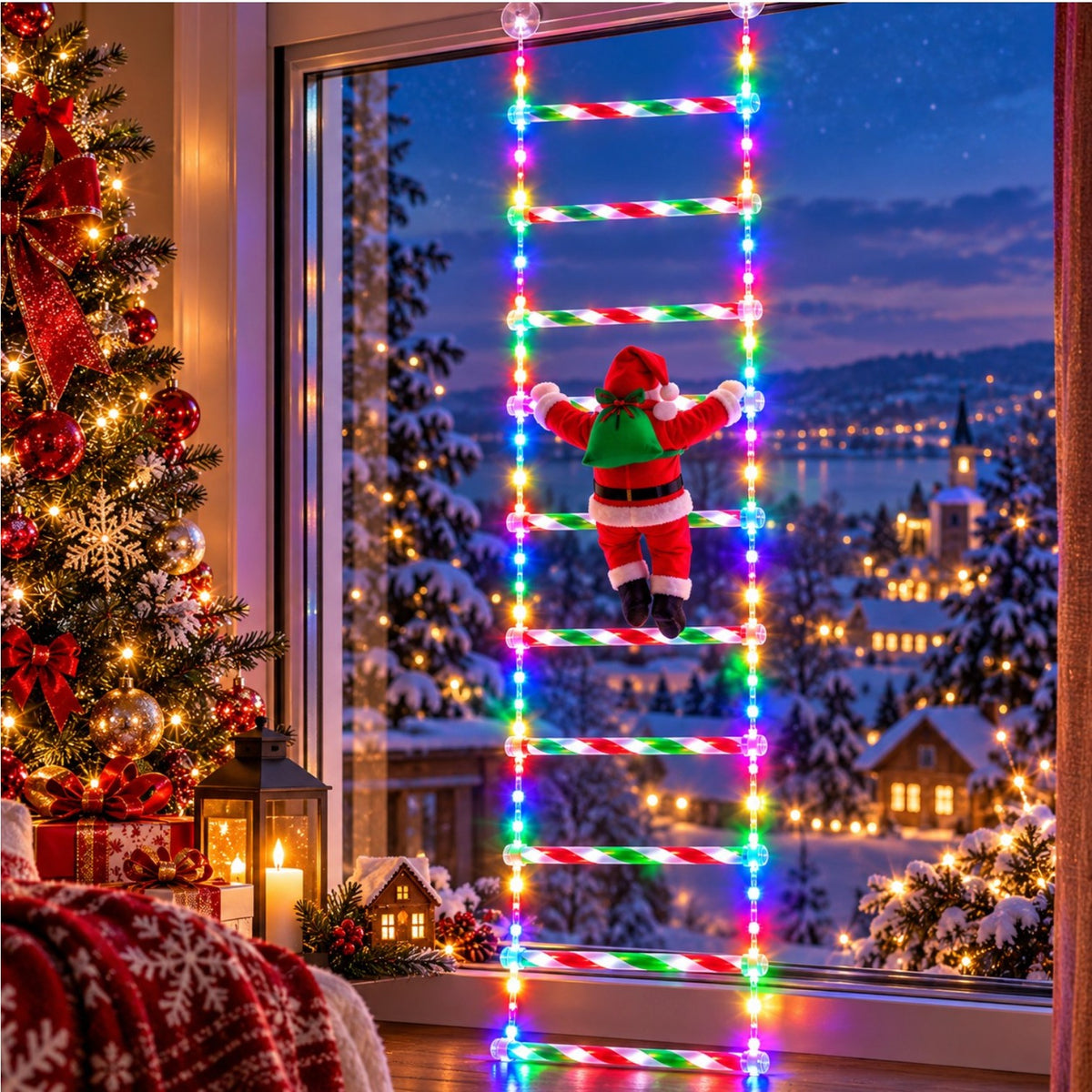 Scara Decorativa de Craciun cu LED 160cm, Brad 36x26cm si Mos Craciun Detasabil 22cm, 9 Trepte cu Lumina Multicolora, Jocuri de Lumini si Flash, Alimentare la Priza Engros