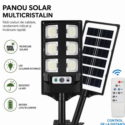 Lampă Solară Stradală BK260-6, 43cm, cu Panou Solar Integrat, 6 LED-uri Puternice, Telecomandă, Senzor de Lumină, Rezistentă la Apă Engros