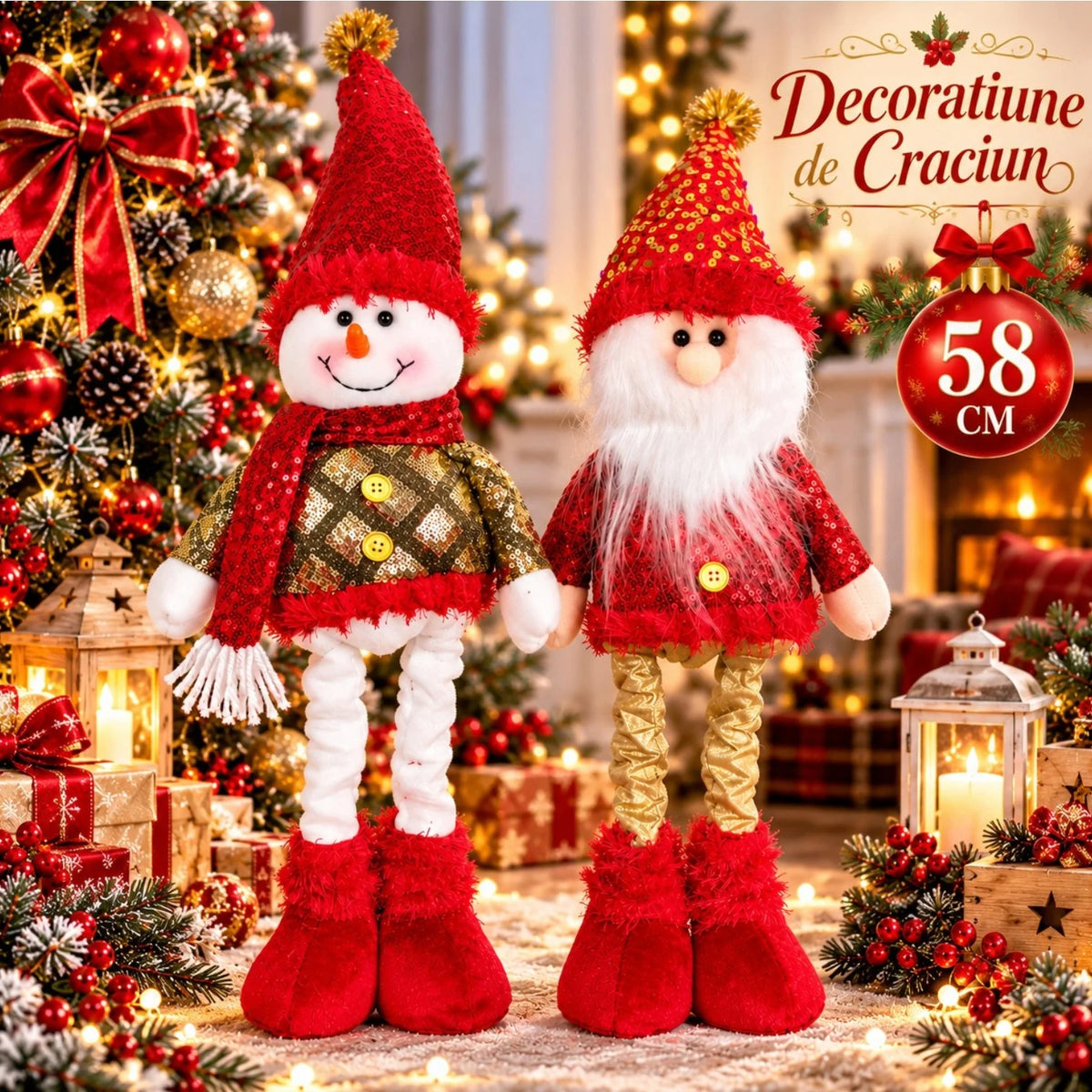 Figurina Decorativa de Craciun 58cm, Inaltime Reglabila, Diferite Modele cu Paiete si Caciula Engros