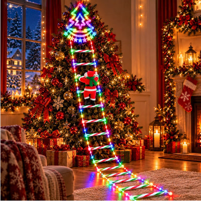 Scara Decorativa de Craciun cu LED 160cm, Brad 36x26cm si Mos Craciun Detasabil 22cm, 9 Trepte cu Lumina Multicolora, Jocuri de Lumini si Flash, Alimentare la Priza Engros