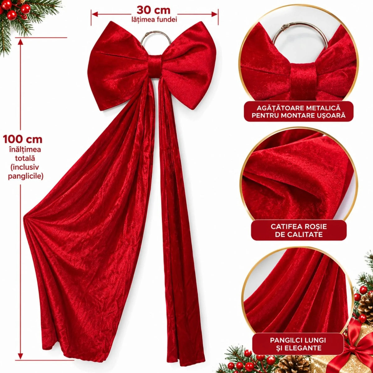 Fundă Decorativă de Crăciun XXL 100cm, din Catifea Roșie, Fundă 30cm cu Panglici Lungi și Agățătoare Metalică, pentru Brad, Coronițe și Ghirlande Engros