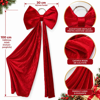 Fundă Decorativă de Crăciun XXL 100cm, din Catifea Roșie, Fundă 30cm cu Panglici Lungi și Agățătoare Metalică, pentru Brad, Coronițe și Ghirlande Engros