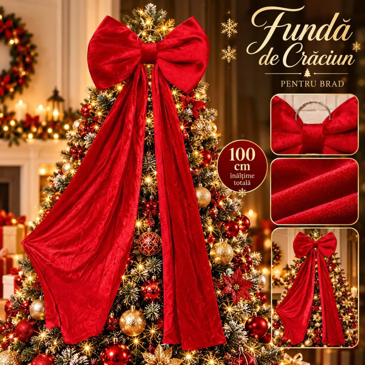 Fundă Decorativă de Crăciun XXL 100cm, din Catifea Roșie, Fundă 30cm cu Panglici Lungi și Agățătoare Metalică, pentru Brad, Coronițe și Ghirlande Engros
