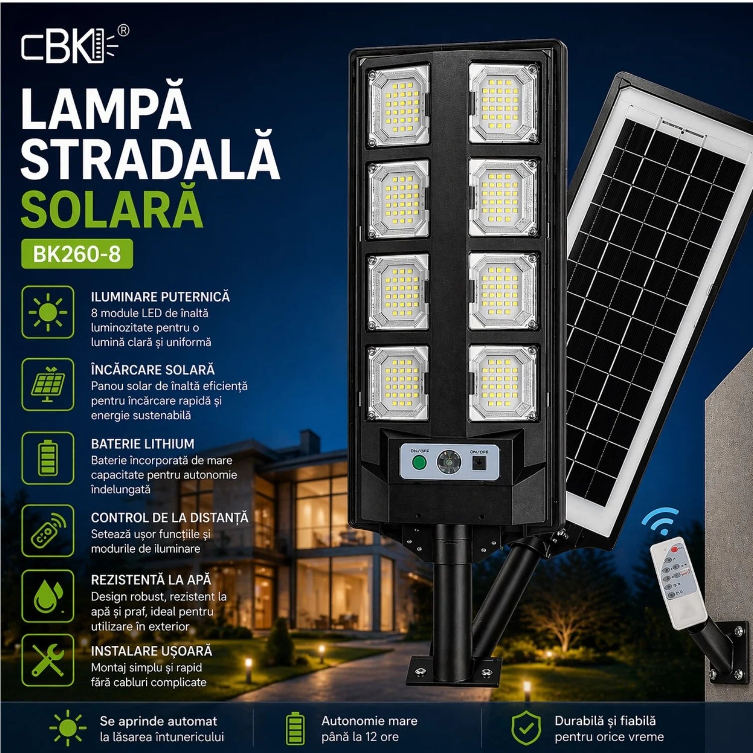 Lampă Solară Stradală BK260-8, 55cm, cu Panou Solar Integrat, 8 LED-uri Puternice, Telecomandă, Senzor de Lumină, Rezistentă la Apă Engros