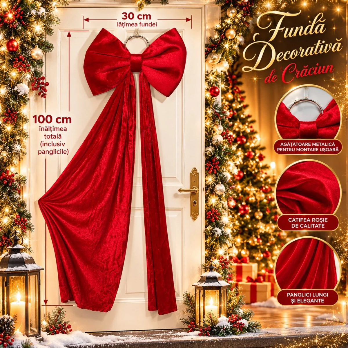 Fundă Decorativă de Crăciun XXL 100cm, din Catifea Roșie, Fundă 30cm cu Panglici Lungi și Agățătoare Metalică, pentru Brad, Coronițe și Ghirlande Engros