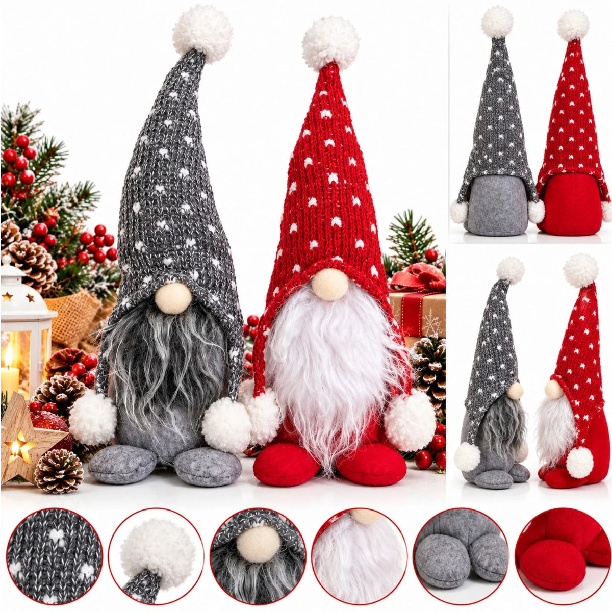 Pitic Spiridus Decorativ de Craciun 28cm, cu Caciula Tricotata, Barba Pufoasa si Baza Stabilizatoare cu Greutate, Diferite Culori Engros
