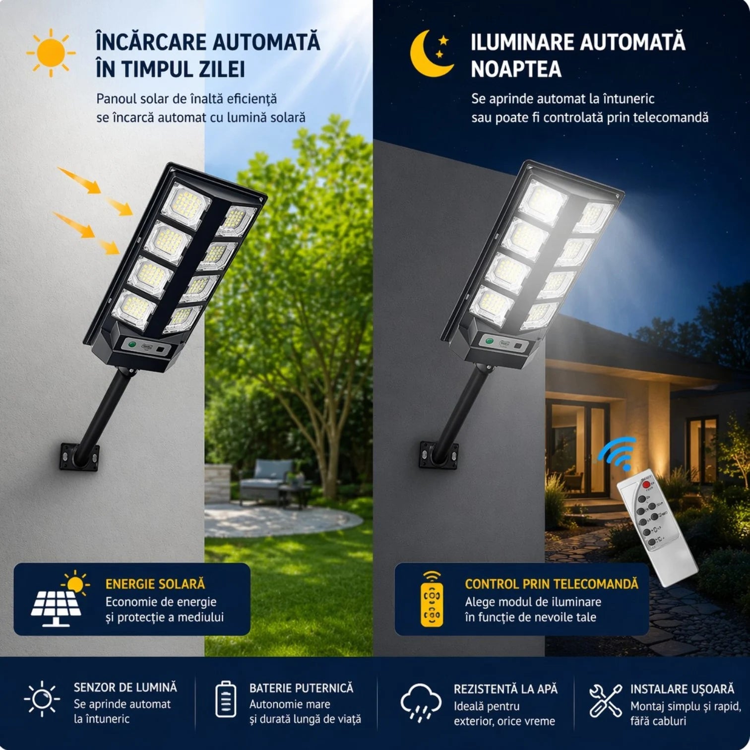 Lampă Solară Stradală BK260-8, 55cm, cu Panou Solar Integrat, 8 LED-uri Puternice, Telecomandă, Senzor de Lumină, Rezistentă la Apă Engros