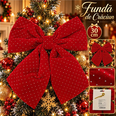 Fundă Decorativă de Crăciun 30x30cm, Roșie din Catifea cu Pietricele Strălucitoare, Fundă Mare pentru Brad, Coronițe și Ghirlande Engros