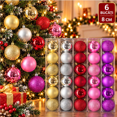 Globuri de Crăciun 6 Bucăți/Set, 8cm, Diverse Culori, Lucioase, Mate și cu Sclipici, pentru Brad Engros