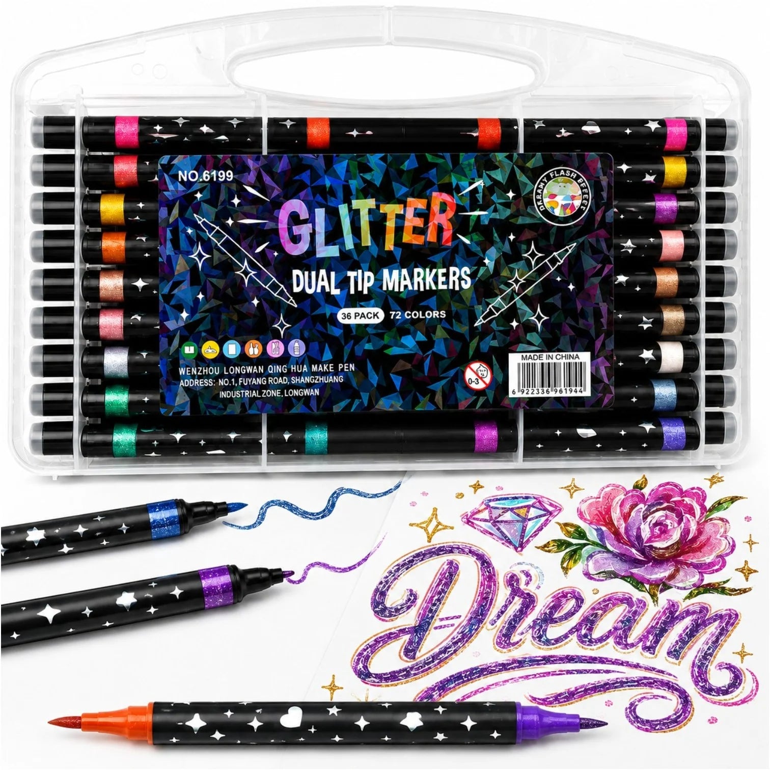 Markere Glitter 36/set, Două Vârfuri în Culori Diferite, 72 Culori Sclipitoare, Fin, în Cutie de Depozitare Engros