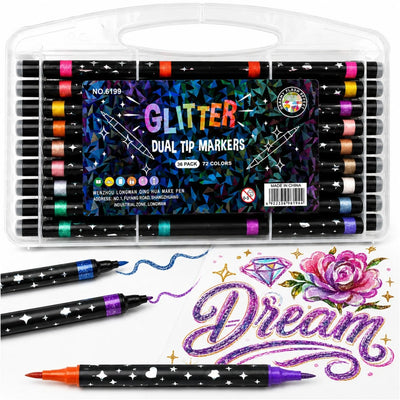 Markere Glitter 36/set, Două Vârfuri în Culori Diferite, 72 Culori Sclipitoare, Fin, în Cutie de Depozitare Engros