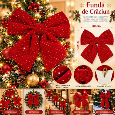 Fundă Decorativă de Crăciun 30x30cm, Roșie din Catifea cu Pietricele Strălucitoare, Fundă Mare pentru Brad, Coronițe și Ghirlande Engros