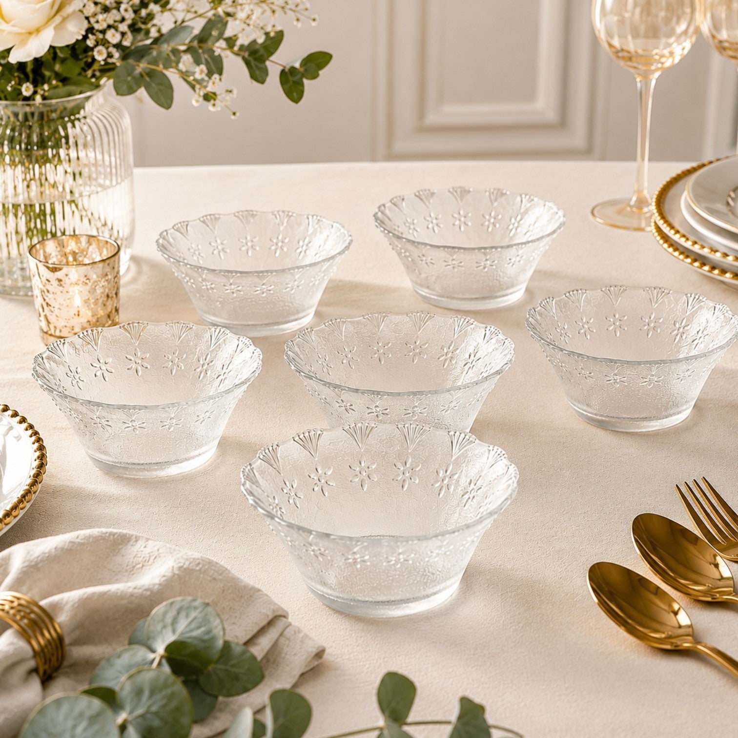 Bol din Sticlă 6/set, Transparent 12.5x5cm, Model Floral Engros