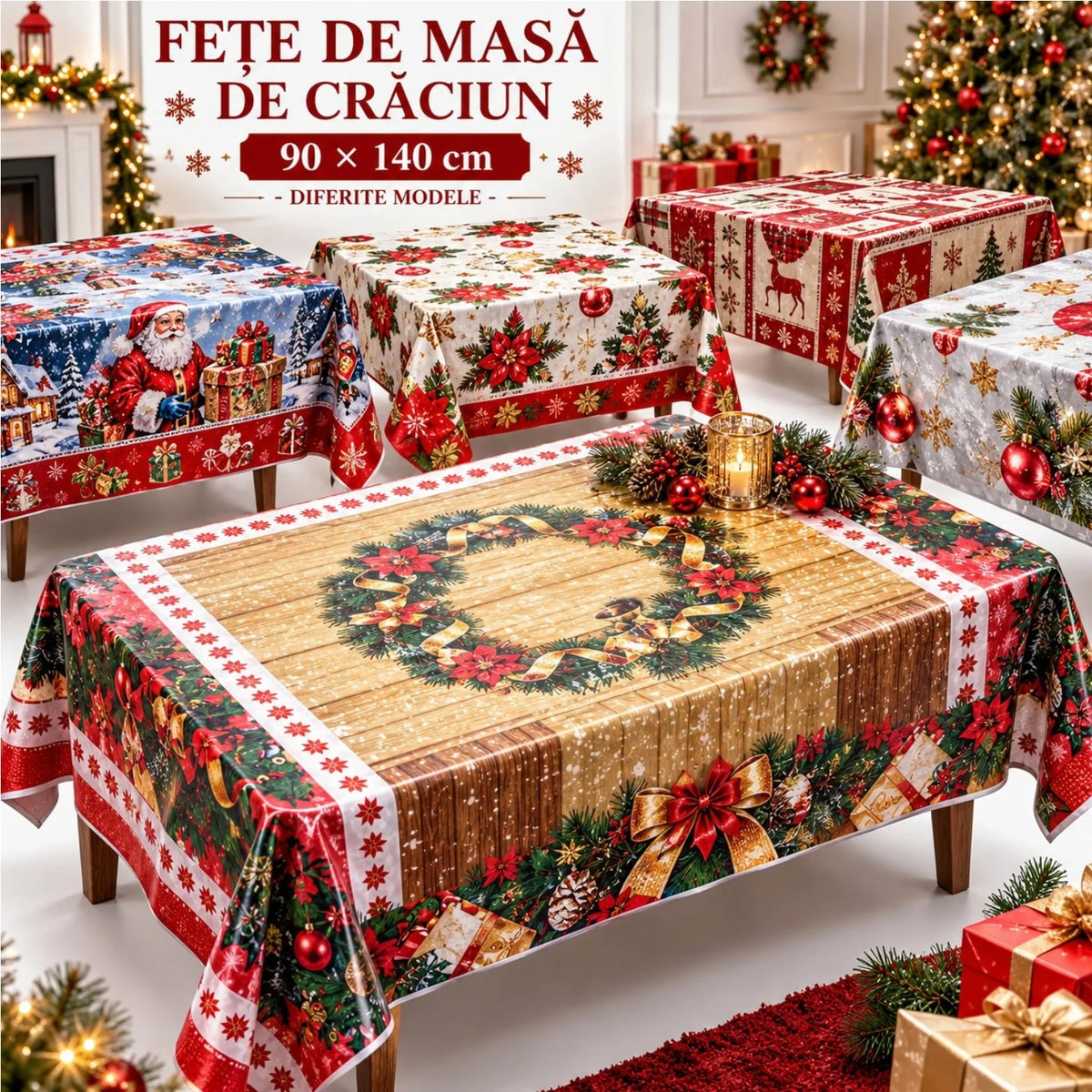 Față de Masă Craciun 90x140cm, Mușama PVC Impermeabilă, Modele și Imprimeuri de Crăciun, Diferite Modele Engros