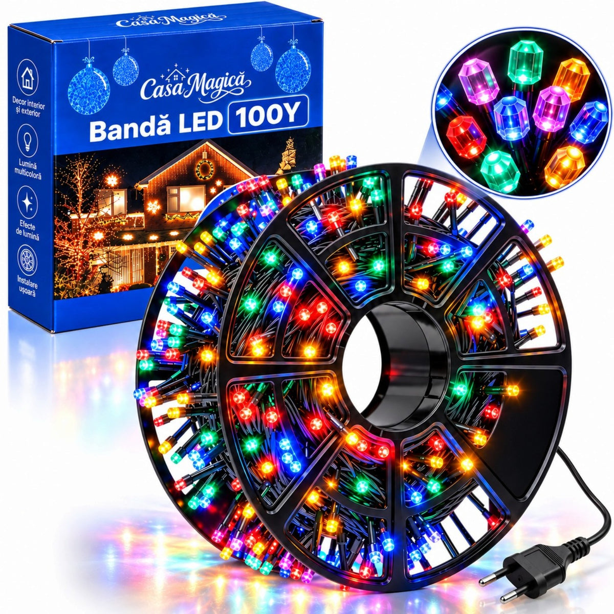 Instalatie LED pe Rola 100 Yards, 432 LED-uri Multicolore, Bec Mare Model Diamant, cu Jocuri de Lumini si Efect Flash, pentru Craciun Engros