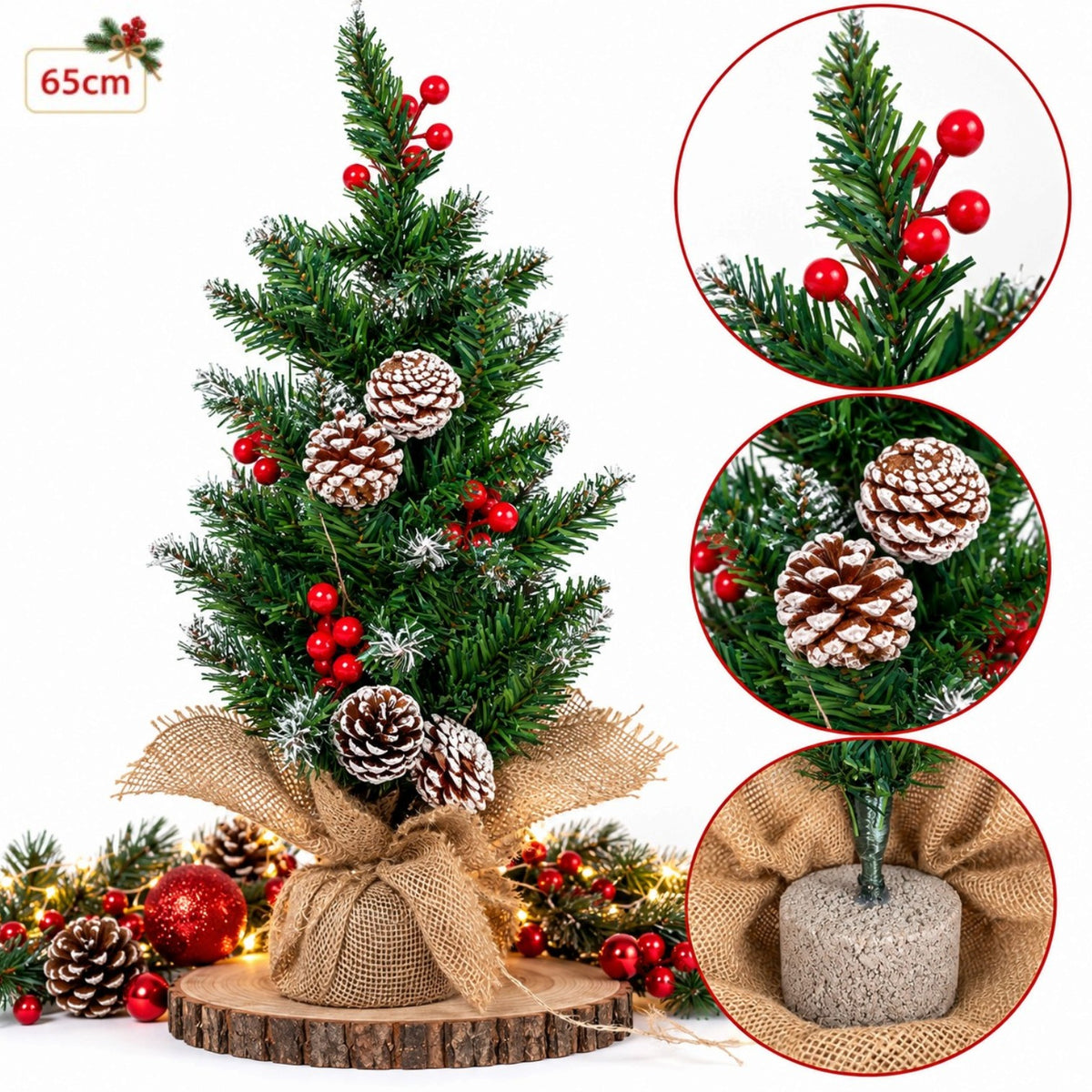 Brad Artificial Decorativ de Crăciun 65cm, cu Conuri, Fructe Roșii, Efect de Zăpadă și Bază Stabilă Îmbrăcată în Iută Engros