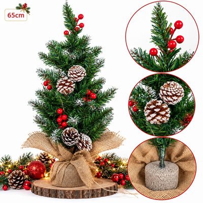 Brad Artificial Decorativ de Crăciun 65cm, cu Conuri, Fructe Roșii, Efect de Zăpadă și Bază Stabilă Îmbrăcată în Iută Engros