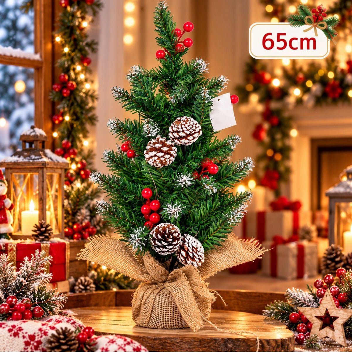 Brad Artificial Decorativ de Crăciun 65cm, cu Conuri, Fructe Roșii, Efect de Zăpadă și Bază Stabilă Îmbrăcată în Iută Engros