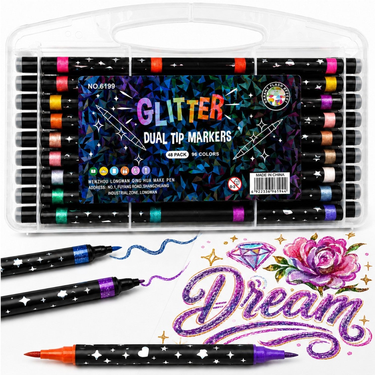 Markere Glitter 48/set, Două Vârfuri în Culori Diferite, 96 Culori Sclipitoare, Fin, în Cutie de Depozitare Engros