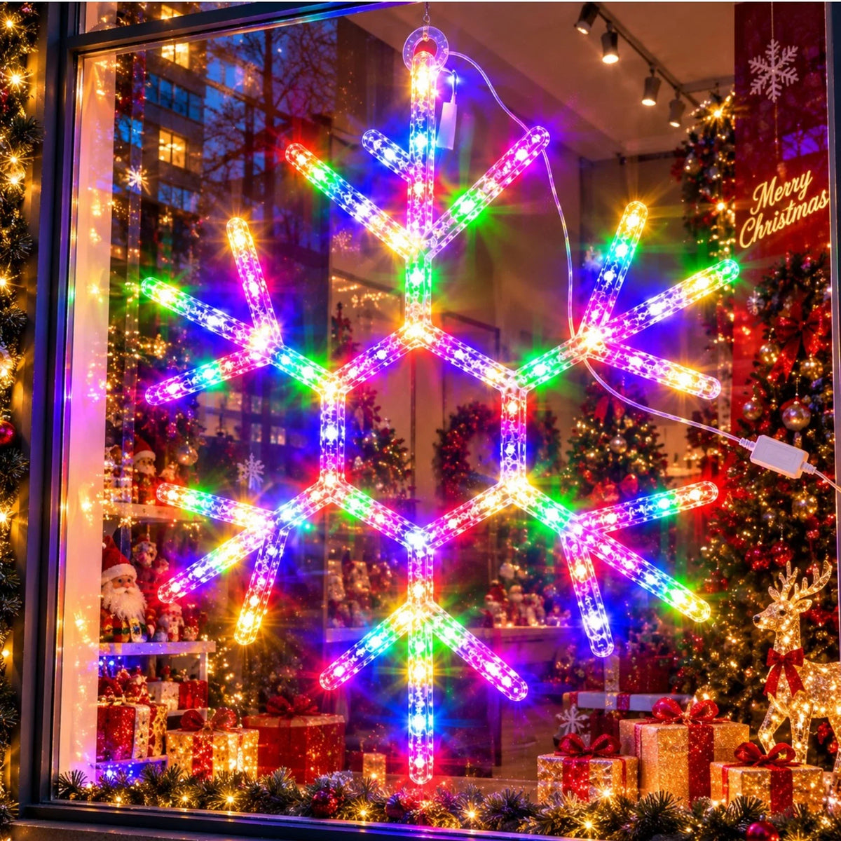 Instalatie LED Decoratiune de Craciun 44x36cm, Model Fulg de Nea, Lumina Multicolora, Jocuri de Lumini si Efect Flash, pentru Geam, Alimentare la Priza, pentru Geam Engros