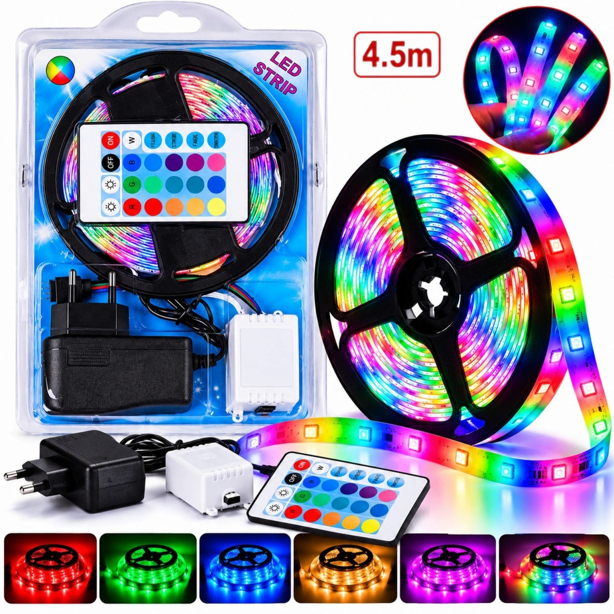 Bandă LED RGB Multicoloră 4.5m, 12V, cu Telecomandă și Alimentator Inclus Engros