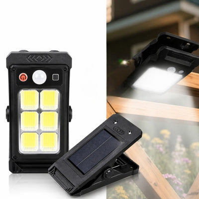 Lampă Solară LED 17x8cm, Tip Clește Reglabil, 6 LED-uri COB Puternice, Senzor de Mișcare, Panou Solar Integrat, Montaj Rapid pe Gard sau Balustradă, Rezistentă la Apă Engros
