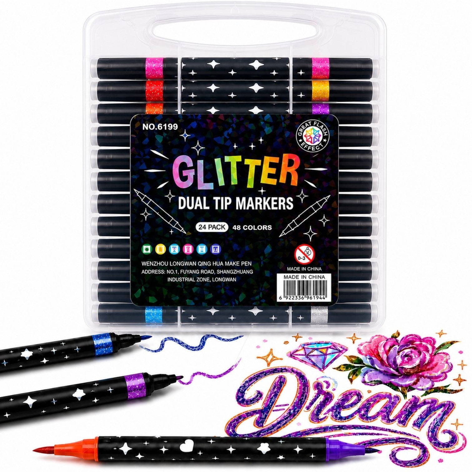 Markere Glitter 24/set, Două Vârfuri în Culori Diferite, 48 Culori Sclipitoare, Fin, în Cutie de Depozitare Engros
