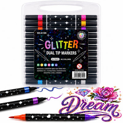Markere Glitter 24/set, Două Vârfuri în Culori Diferite, 48 Culori Sclipitoare, Fin, în Cutie de Depozitare Engros