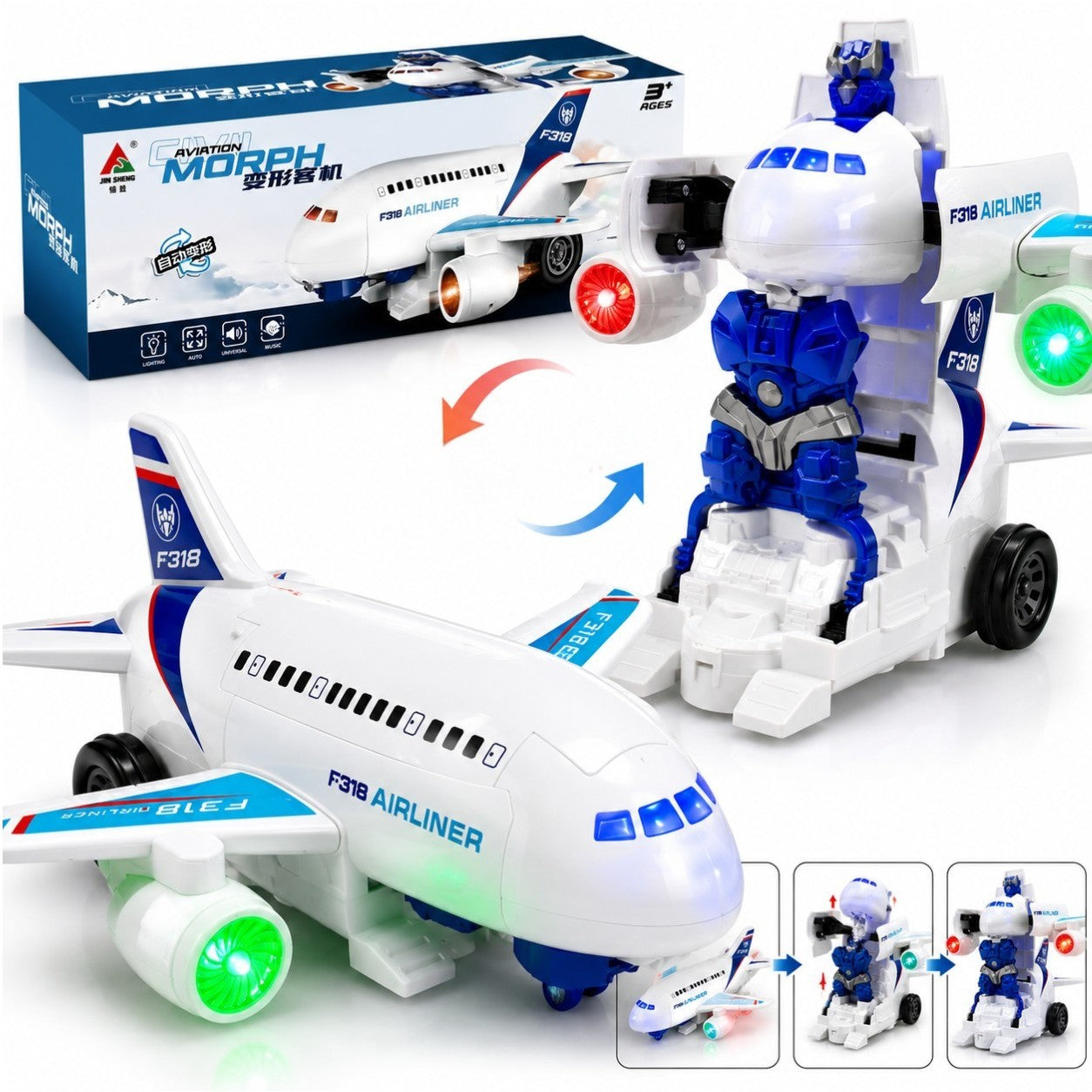 Avion Transformabil în Robot F318, 24×23×13cm, cu Lumini LED, Muzică și Deplasare Automată Engros