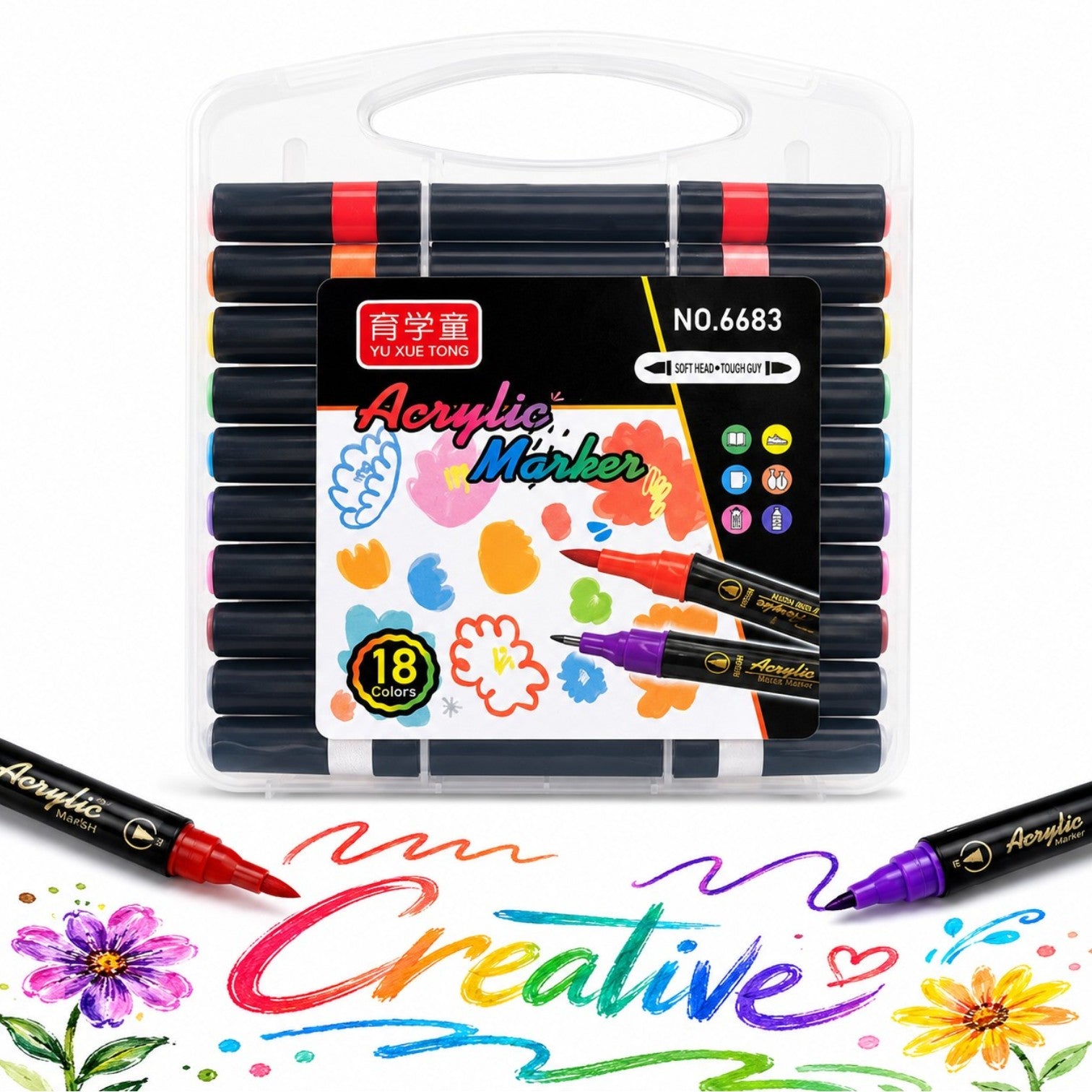 Markere Acrilice 18/set pe Bază de Apă, Două VârfurI, Pensulă Soft Brush, în Cutie Transparentă cu Mâner Engros
