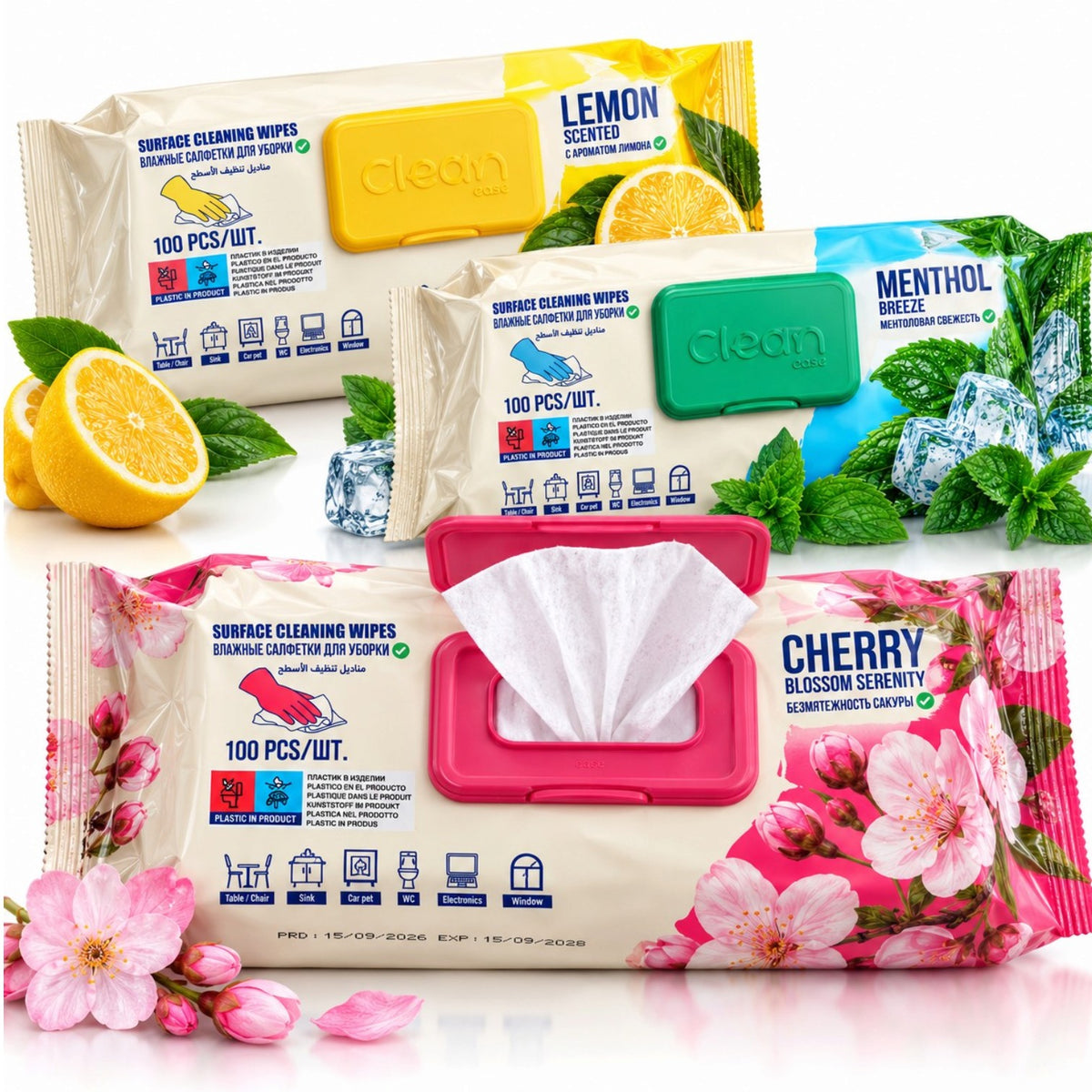 Servetele Umede cu Bicarbonat Mari Universale pentru Curatarea Suprafetelor, 100 Buc/Pachet, Diferite Arome Engros