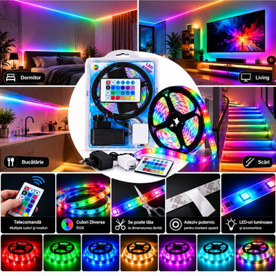 Bandă LED RGB Multicoloră 4.5m, 12V, cu Telecomandă și Alimentator Inclus Engros