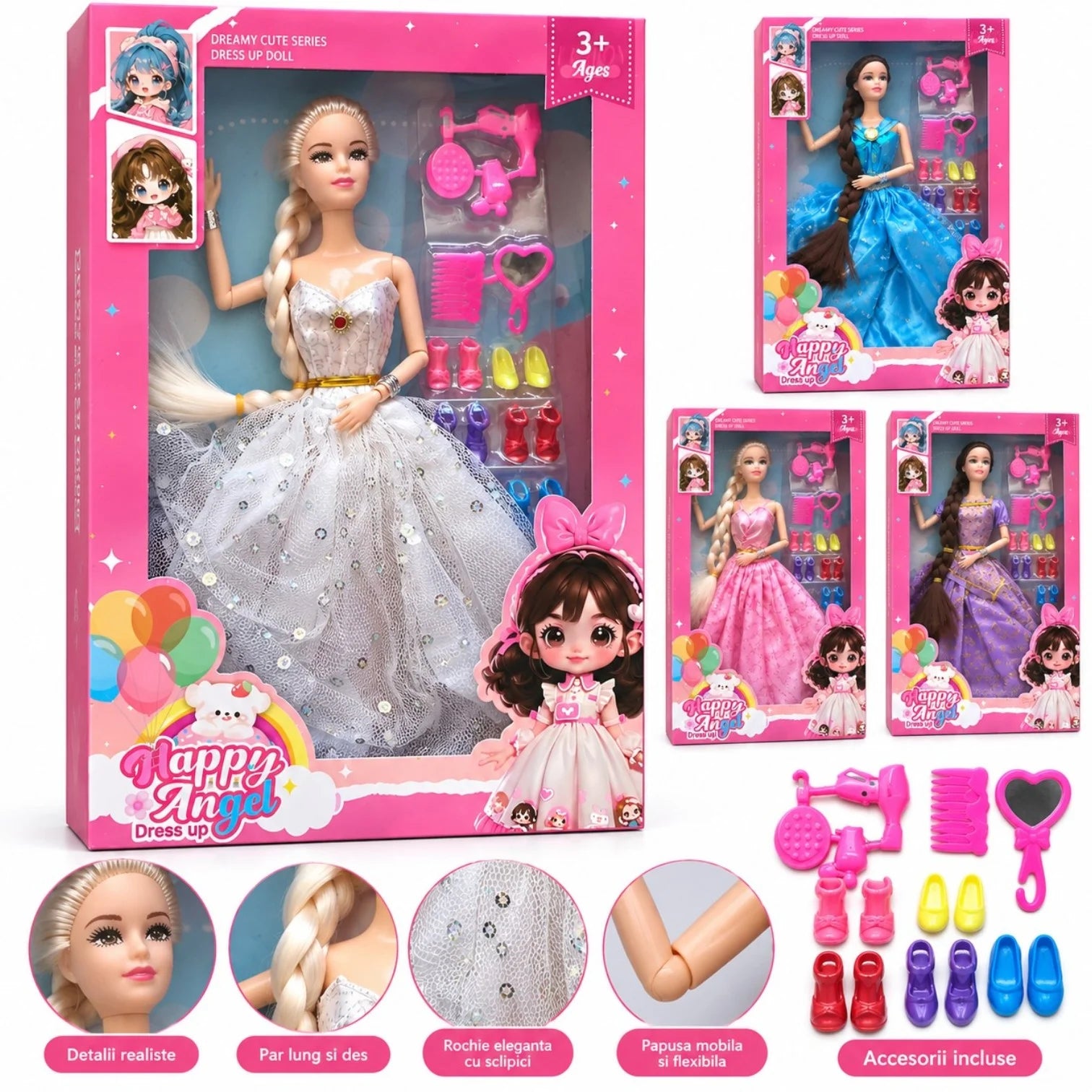 Papusa Mobila din Plastic 30cm, cu Rochie Eleganta, 8 Perechi de Pantofi si Accesorii, Diferite Modele Engros