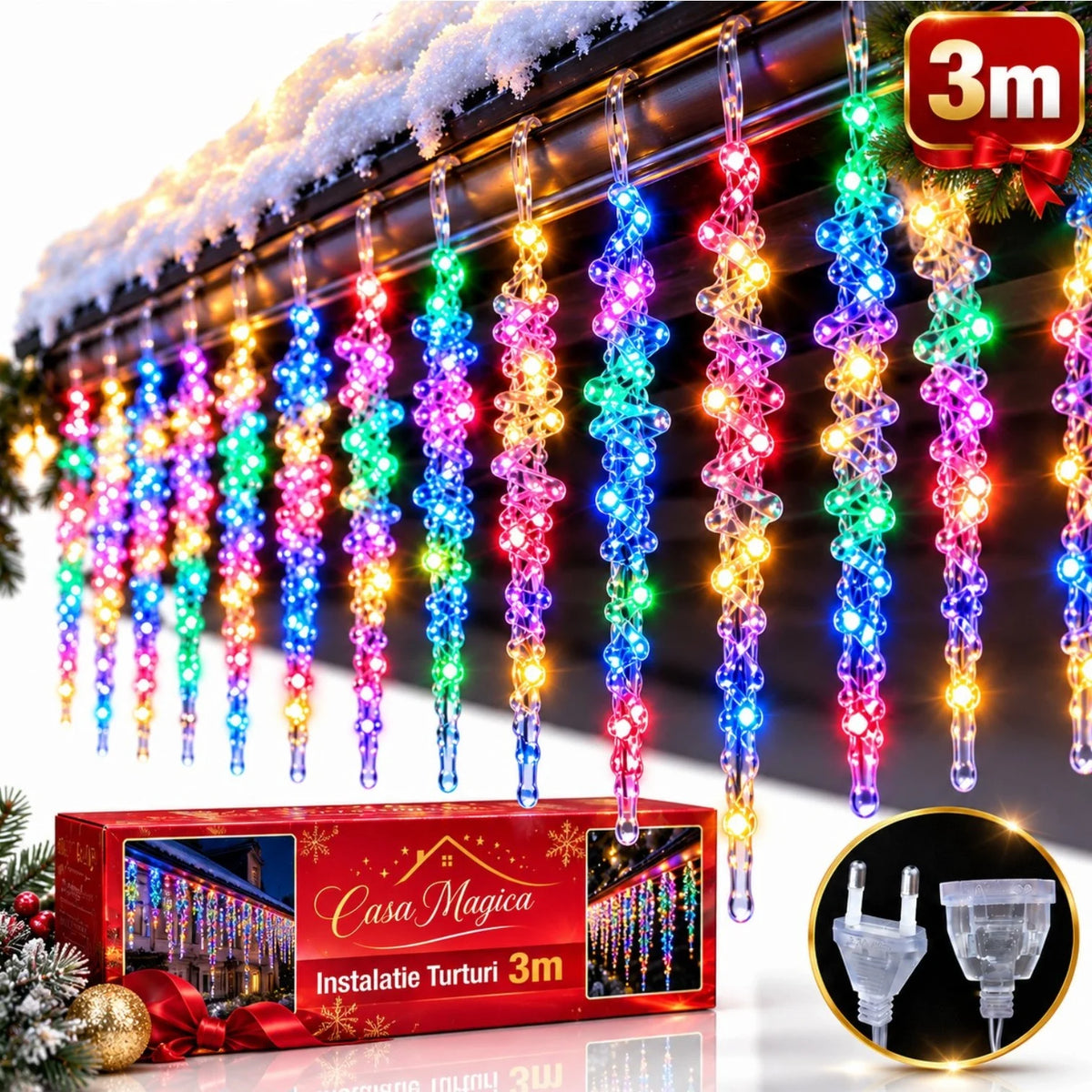 Instalație Țurțuri LED 3m, 10 Țurțuri de 25.5cm, Lumină Multicoloră, Jocuri de Lumini și Flash, Conectabilă în Serie Engros