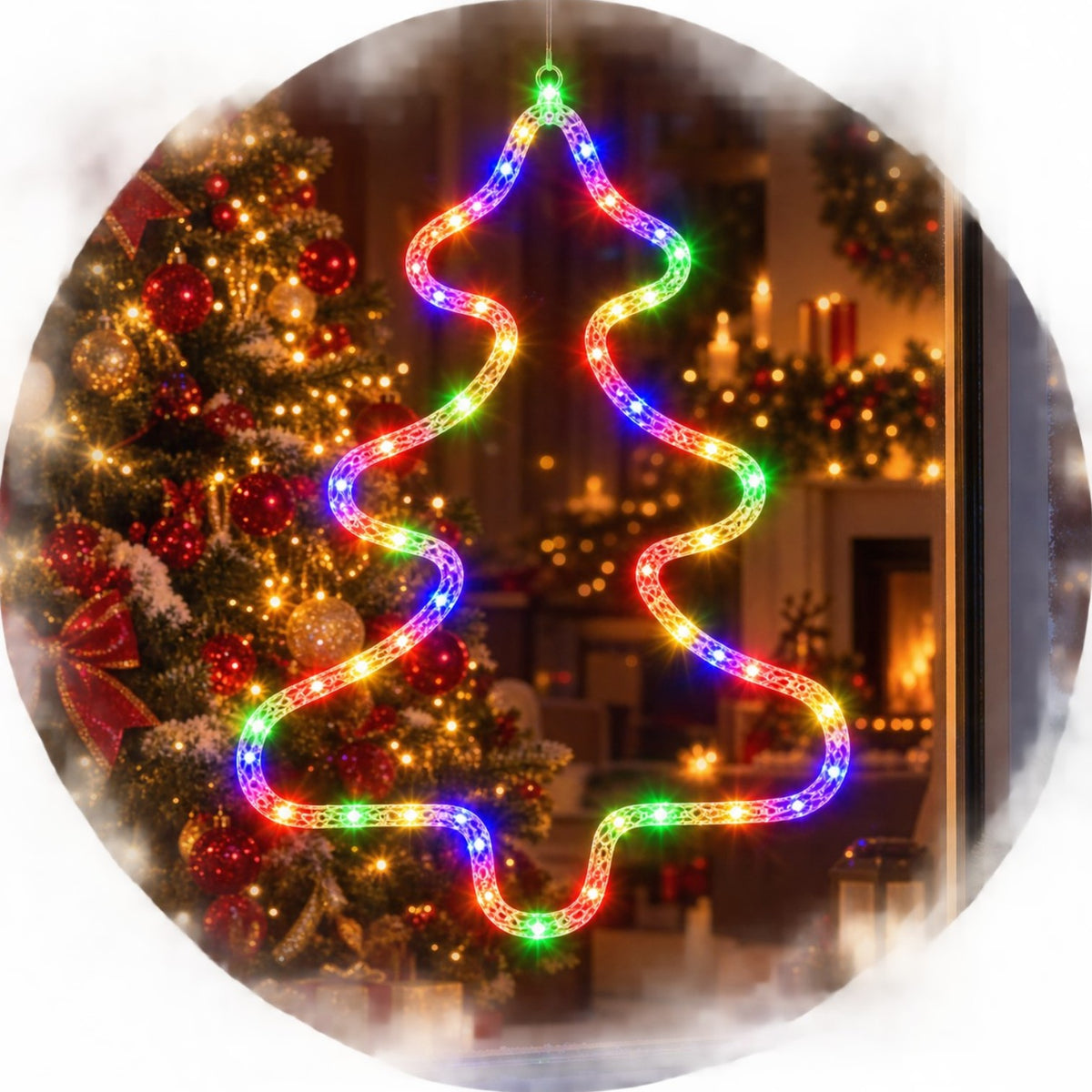 Instalatie LED Decorativa de Craciun 45x32cm Model Brad, Lumina Multicolora, Jocuri de Lumini si Efect Flash, Ornament Suspendat Transparent Engros