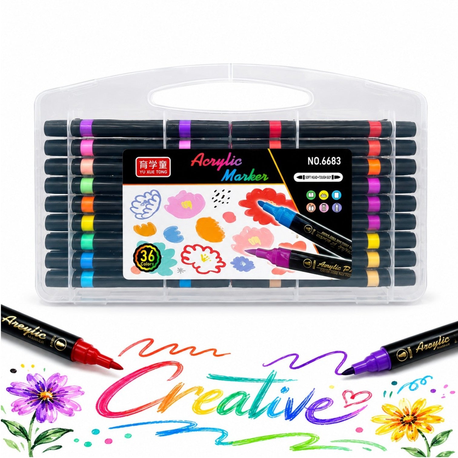 Markere Acrilice 36/set pe Bază de Apă, Două VârfurI, Pensulă Soft Brush, în Cutie Transparentă cu Mâner Engros