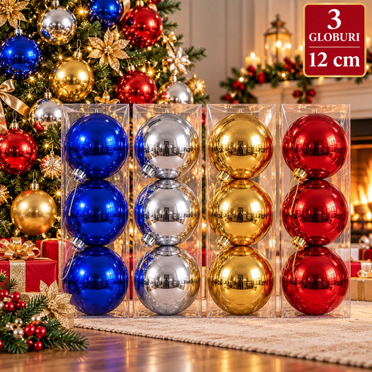 Globuri de Crăciun 3 Bucăți/Set, 12cm, Lucioase, Diverse Culori, pentru Brad Engros