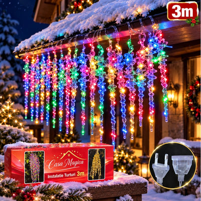 Instalație Țurțuri LED 3m, 10 Țurțuri de 25.5cm, Lumină Multicoloră, Jocuri de Lumini și Flash, Conectabilă în Serie Engros