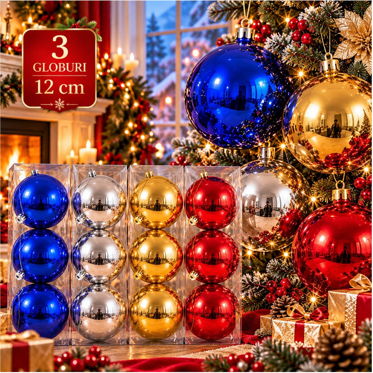 Globuri de Crăciun 3 Bucăți/Set, 12cm, Lucioase, Diverse Culori, pentru Brad Engros