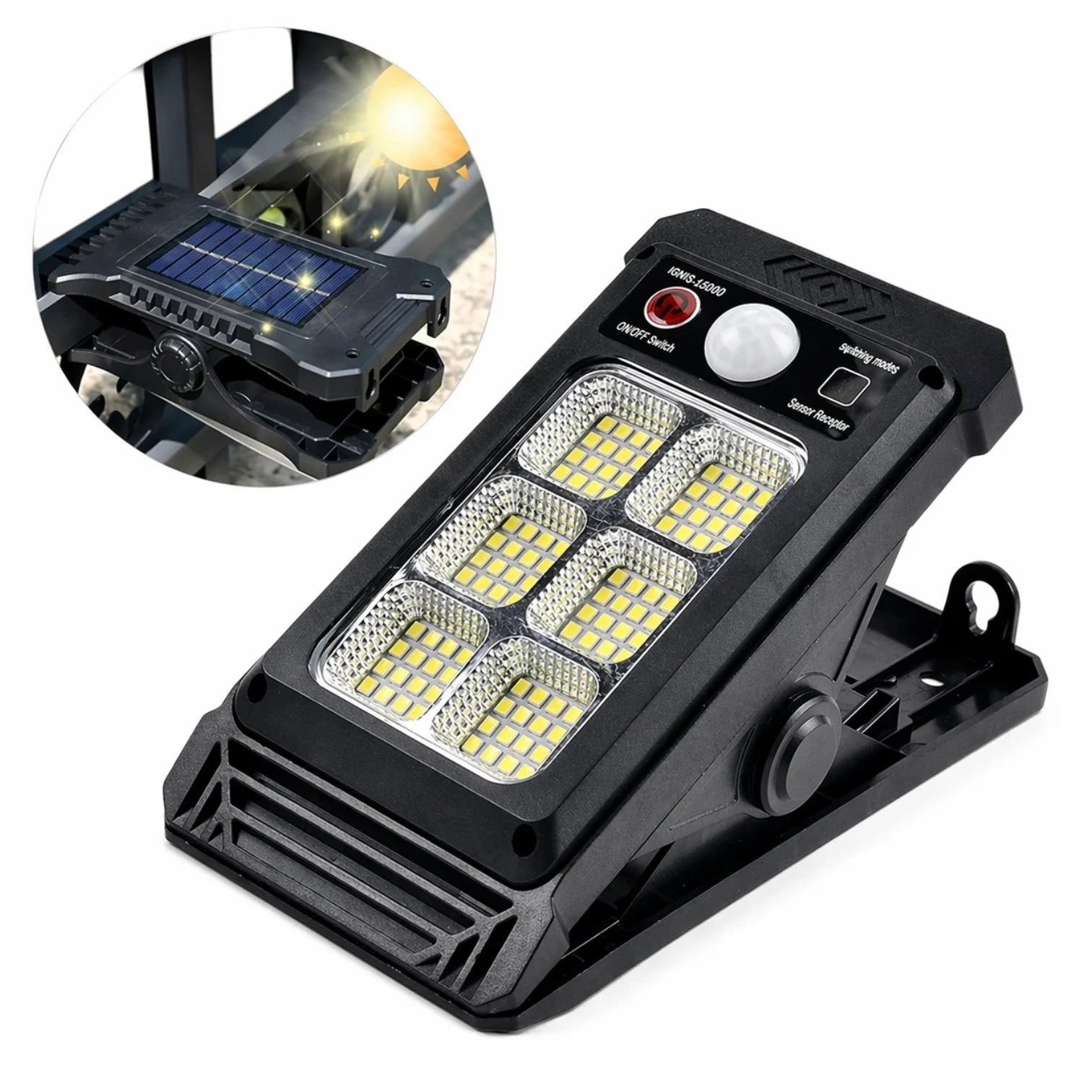 Lampă Solară LED 17x8cm, Tip Clește Reglabil, 6 LED-uri COB Puternice, Senzor de Mișcare, Panou Solar Integrat, Montaj Rapid pe Gard sau Balustradă, Rezistentă la Apă Engros
