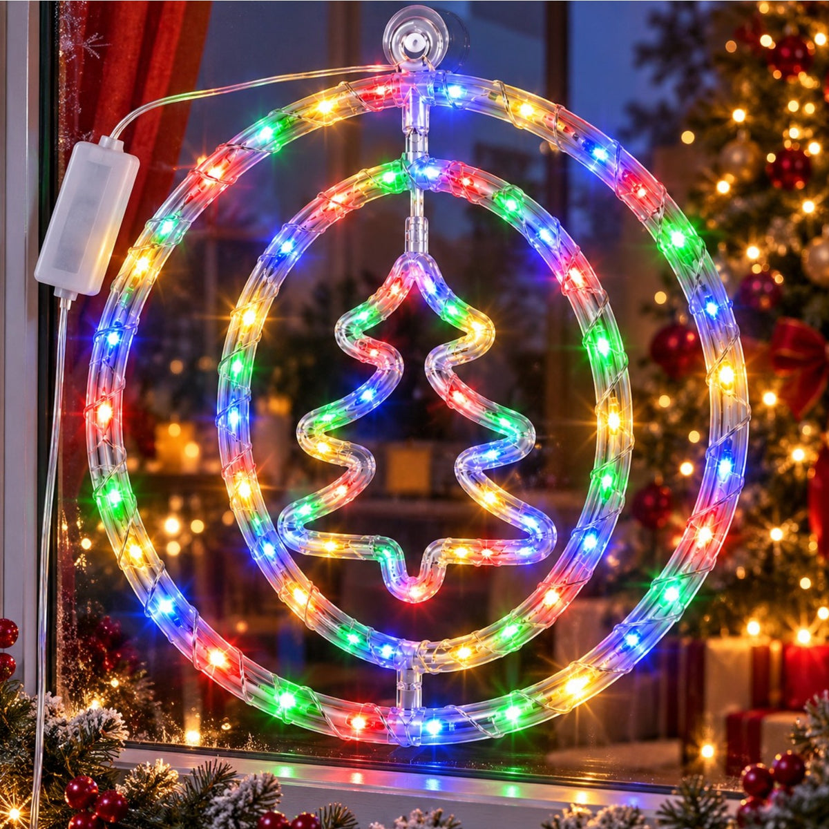 Instalatie LED 30cm, Decoratiune de Craciun Model Brad, Lumina Multicolora, Jocuri de Lumini si Efect Flash, Ornament Suspendat Transparent, pentru Geam Engros