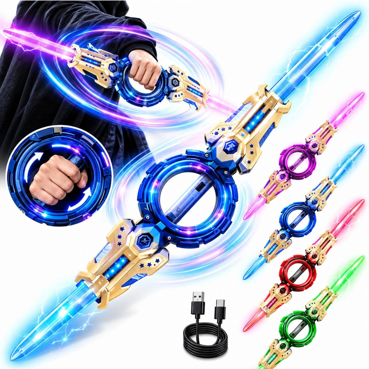 Sabie Dubla LED Rotativa 360° 102cm, cu Lumini Multicolore si Sunete, Reincarcabila USB-C, Diferite Culori Engros