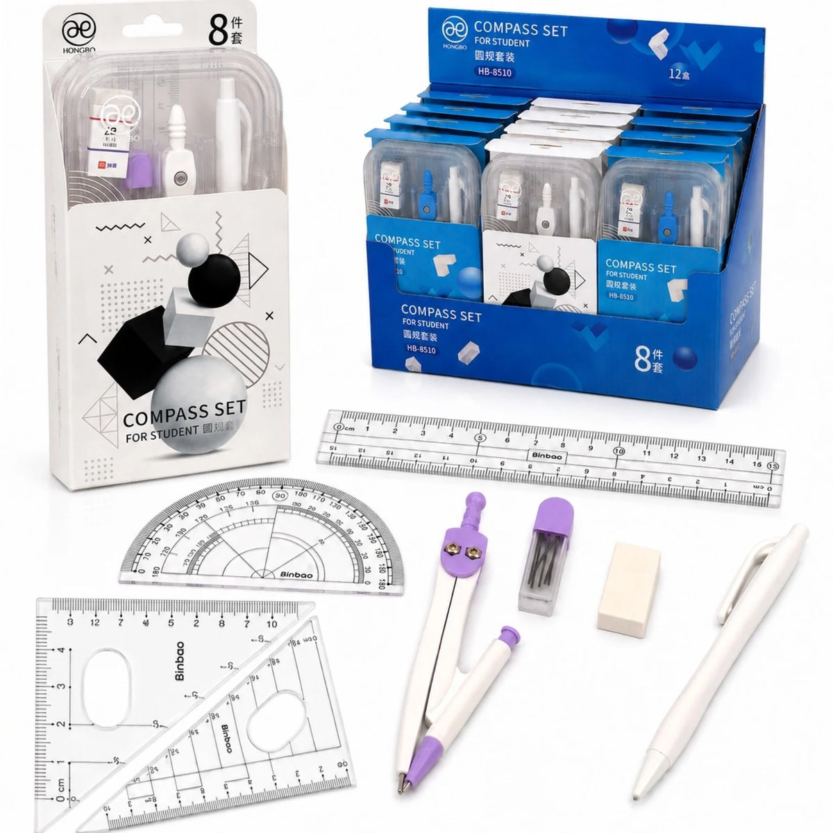 Trusa Geometrica cu 8 Piese, 12 Truse/set, din Plastic, 17cm, Diferite Culori Engros